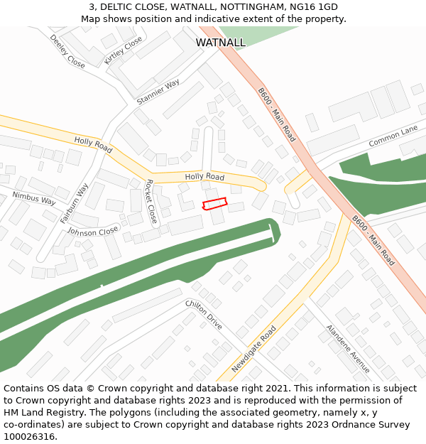 3, DELTIC CLOSE, WATNALL, NOTTINGHAM, NG16 1GD: Location map and indicative extent of plot