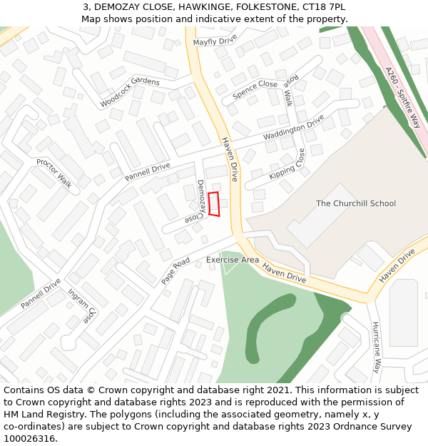 3, DEMOZAY CLOSE, HAWKINGE, FOLKESTONE, CT18 7PL: Location map and indicative extent of plot