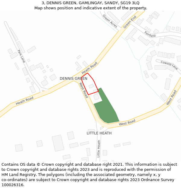 3, DENNIS GREEN, GAMLINGAY, SANDY, SG19 3LQ: Location map and indicative extent of plot