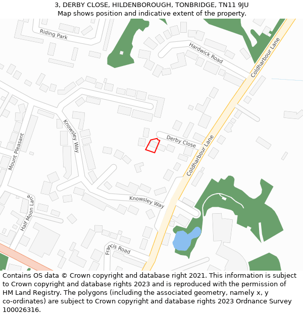 3, DERBY CLOSE, HILDENBOROUGH, TONBRIDGE, TN11 9JU: Location map and indicative extent of plot