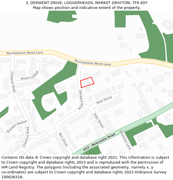 3, DERWENT DRIVE, LOGGERHEADS, MARKET DRAYTON, TF9 4DY: Location map and indicative extent of plot