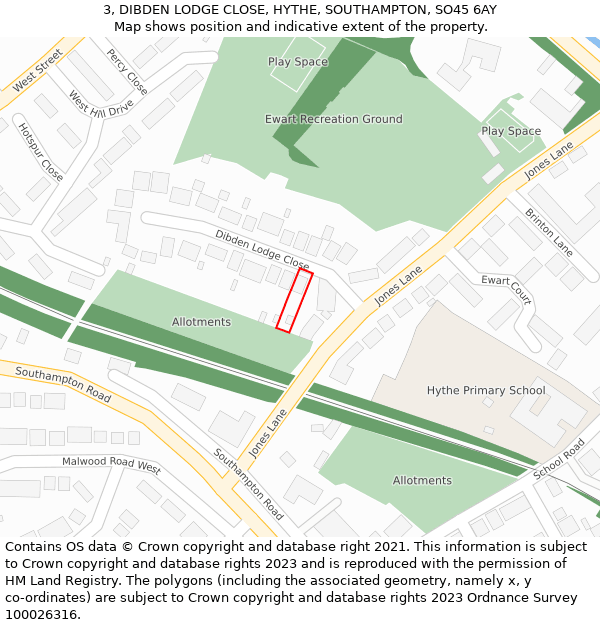 3, DIBDEN LODGE CLOSE, HYTHE, SOUTHAMPTON, SO45 6AY: Location map and indicative extent of plot