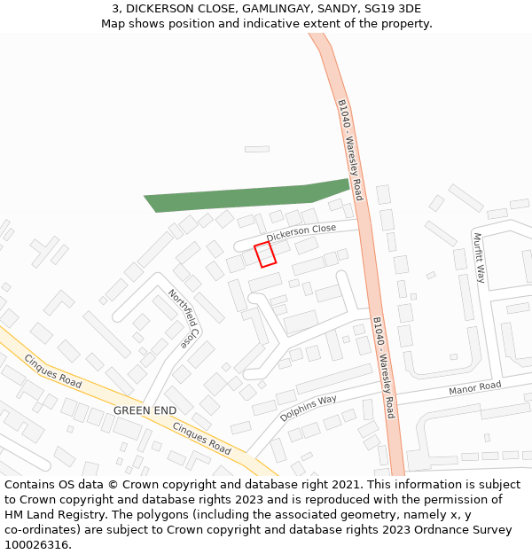 3, DICKERSON CLOSE, GAMLINGAY, SANDY, SG19 3DE: Location map and indicative extent of plot