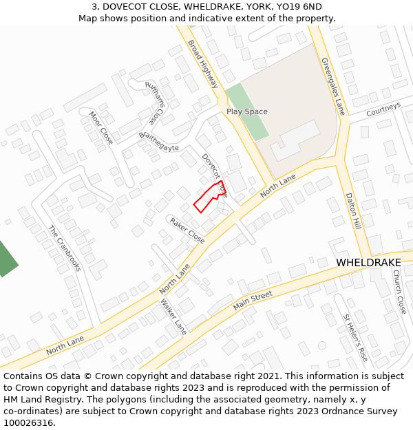 3, DOVECOT CLOSE, WHELDRAKE, YORK, YO19 6ND: Location map and indicative extent of plot