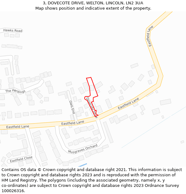 3, DOVECOTE DRIVE, WELTON, LINCOLN, LN2 3UA: Location map and indicative extent of plot