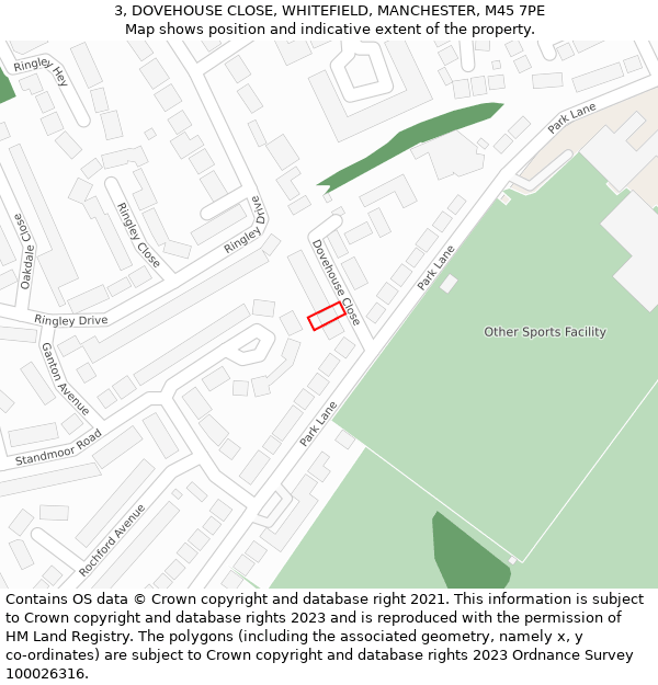 3, DOVEHOUSE CLOSE, WHITEFIELD, MANCHESTER, M45 7PE: Location map and indicative extent of plot