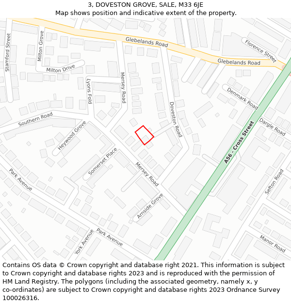 3, DOVESTON GROVE, SALE, M33 6JE: Location map and indicative extent of plot