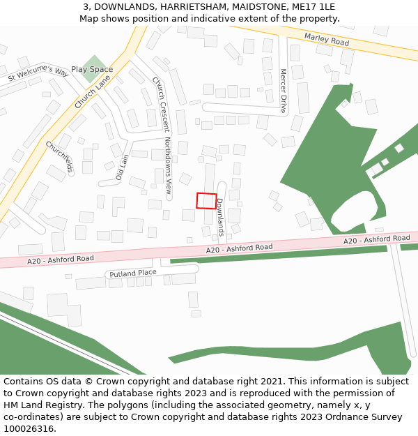 3, DOWNLANDS, HARRIETSHAM, MAIDSTONE, ME17 1LE: Location map and indicative extent of plot