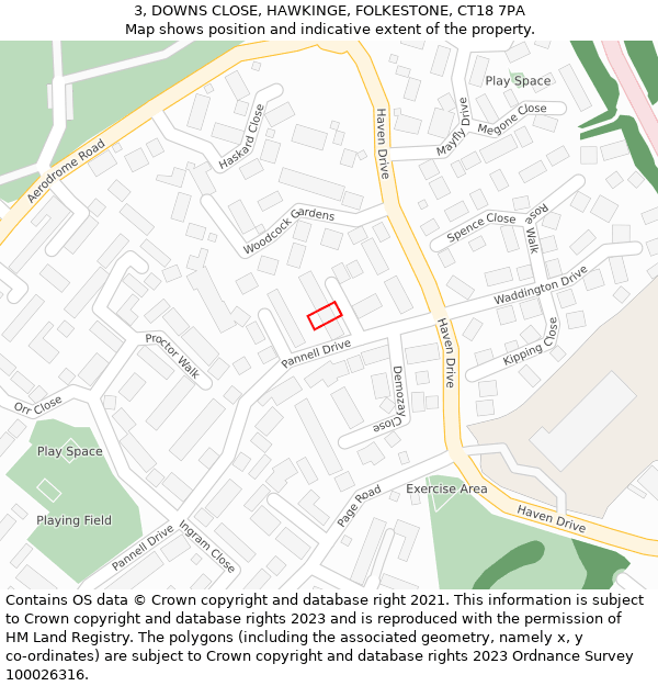 3, DOWNS CLOSE, HAWKINGE, FOLKESTONE, CT18 7PA: Location map and indicative extent of plot