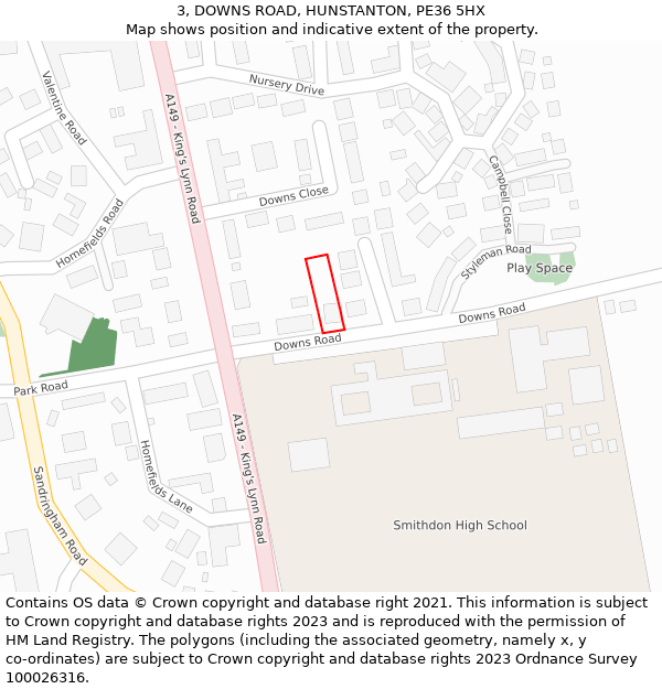 3, DOWNS ROAD, HUNSTANTON, PE36 5HX: Location map and indicative extent of plot