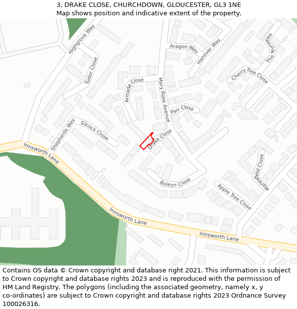 3, DRAKE CLOSE, CHURCHDOWN, GLOUCESTER, GL3 1NE: Location map and indicative extent of plot