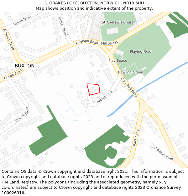 3, DRAKES LOKE, BUXTON, NORWICH, NR10 5HU: Location map and indicative extent of plot