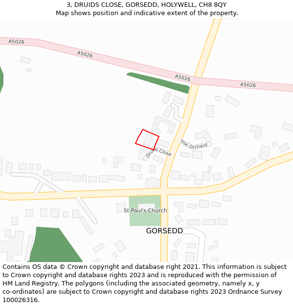 3, DRUIDS CLOSE, GORSEDD, HOLYWELL, CH8 8QY: Location map and indicative extent of plot