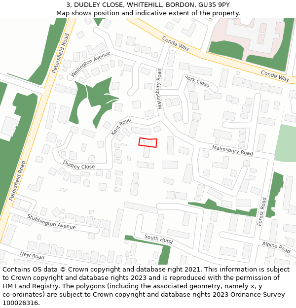 3, DUDLEY CLOSE, WHITEHILL, BORDON, GU35 9PY: Location map and indicative extent of plot