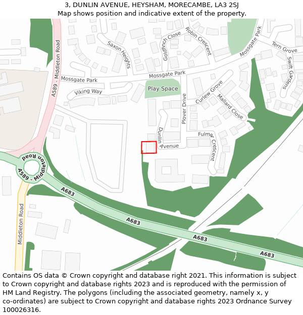 3, DUNLIN AVENUE, HEYSHAM, MORECAMBE, LA3 2SJ: Location map and indicative extent of plot