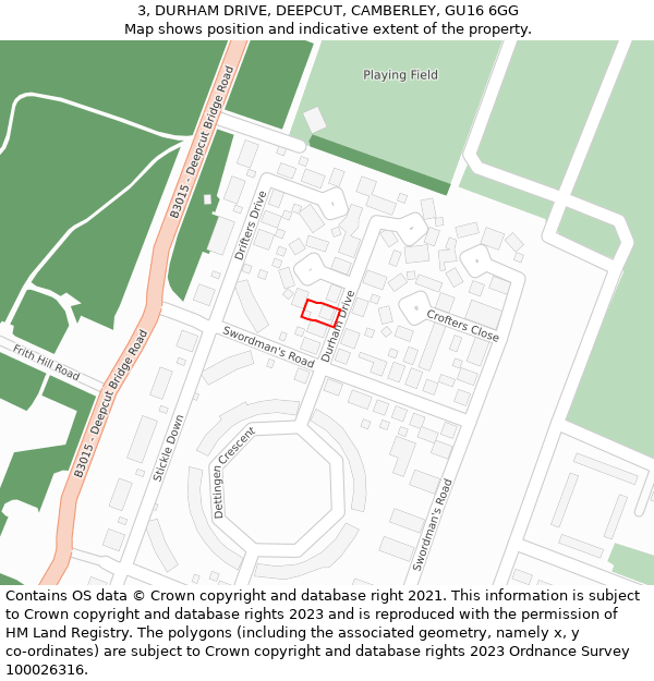 3, DURHAM DRIVE, DEEPCUT, CAMBERLEY, GU16 6GG: Location map and indicative extent of plot
