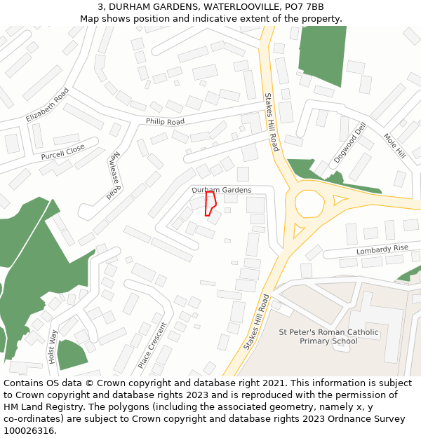 3, DURHAM GARDENS, WATERLOOVILLE, PO7 7BB: Location map and indicative extent of plot
