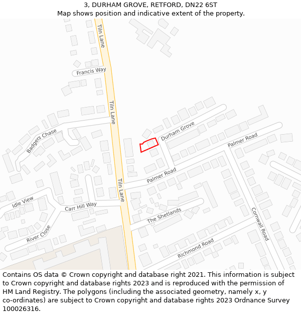 3, DURHAM GROVE, RETFORD, DN22 6ST: Location map and indicative extent of plot