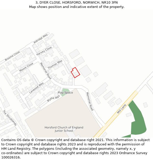 3, DYER CLOSE, HORSFORD, NORWICH, NR10 3FN: Location map and indicative extent of plot