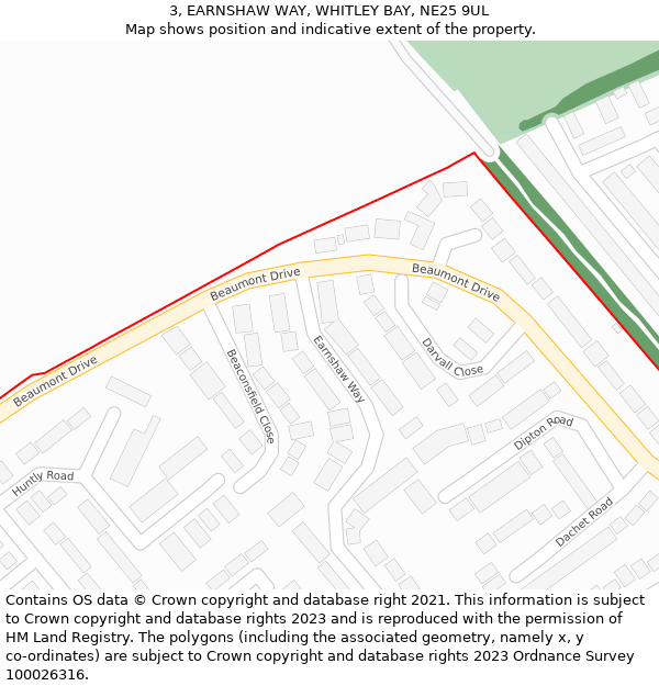 3, EARNSHAW WAY, WHITLEY BAY, NE25 9UL: Location map and indicative extent of plot
