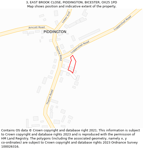 3, EAST BROOK CLOSE, PIDDINGTON, BICESTER, OX25 1PD: Location map and indicative extent of plot