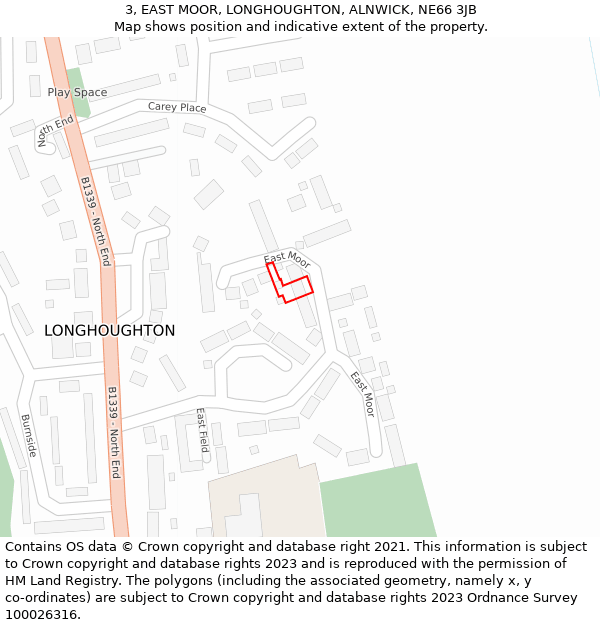 3, EAST MOOR, LONGHOUGHTON, ALNWICK, NE66 3JB: Location map and indicative extent of plot