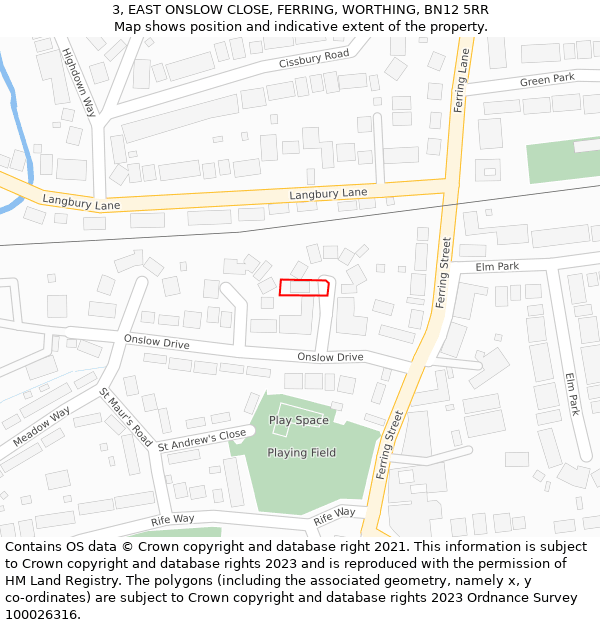 3, EAST ONSLOW CLOSE, FERRING, WORTHING, BN12 5RR: Location map and indicative extent of plot