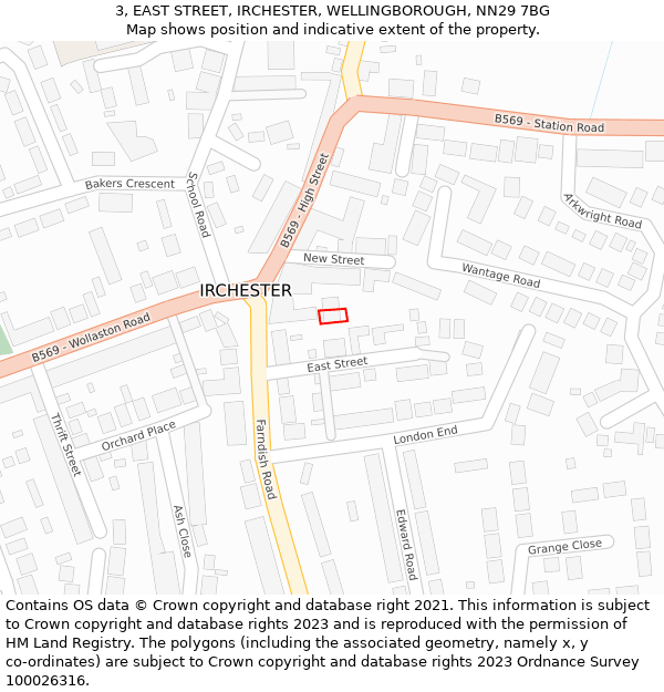 3, EAST STREET, IRCHESTER, WELLINGBOROUGH, NN29 7BG: Location map and indicative extent of plot