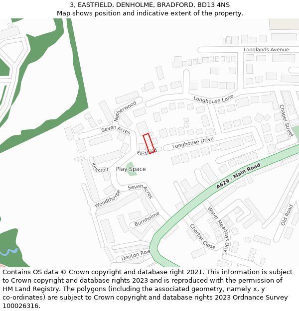 3, EASTFIELD, DENHOLME, BRADFORD, BD13 4NS: Location map and indicative extent of plot