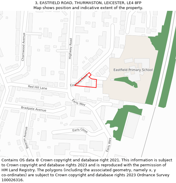 3, EASTFIELD ROAD, THURMASTON, LEICESTER, LE4 8FP: Location map and indicative extent of plot