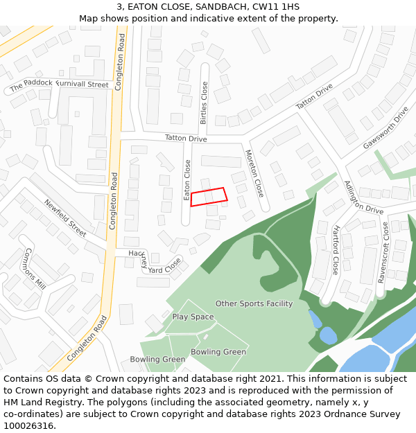 3, EATON CLOSE, SANDBACH, CW11 1HS: Location map and indicative extent of plot