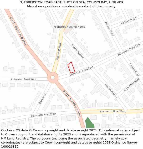 3, EBBERSTON ROAD EAST, RHOS ON SEA, COLWYN BAY, LL28 4DP: Location map and indicative extent of plot