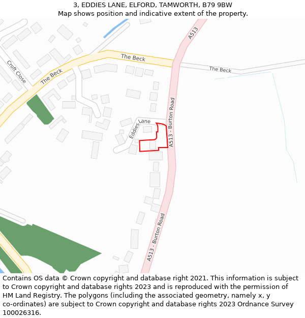 3, EDDIES LANE, ELFORD, TAMWORTH, B79 9BW: Location map and indicative extent of plot