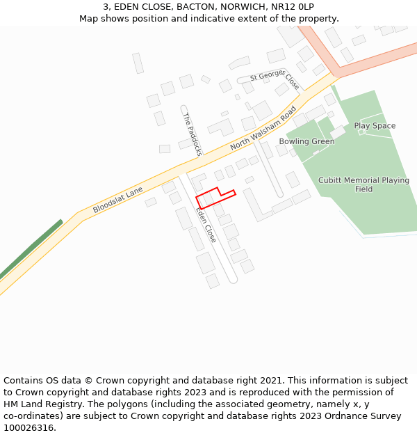 3, EDEN CLOSE, BACTON, NORWICH, NR12 0LP: Location map and indicative extent of plot