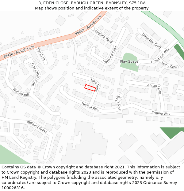 3, EDEN CLOSE, BARUGH GREEN, BARNSLEY, S75 1RA: Location map and indicative extent of plot