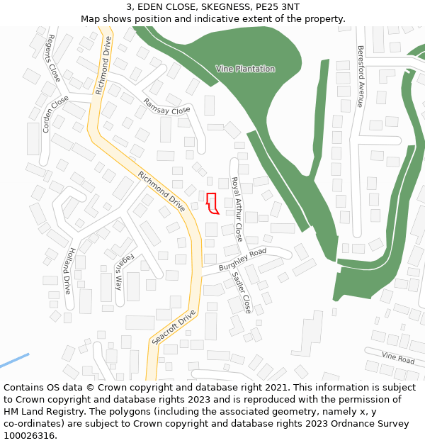 3, EDEN CLOSE, SKEGNESS, PE25 3NT: Location map and indicative extent of plot