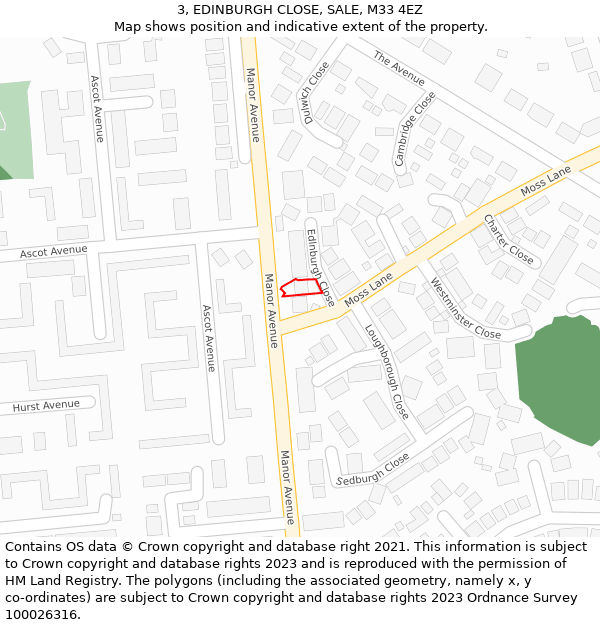 3, EDINBURGH CLOSE, SALE, M33 4EZ: Location map and indicative extent of plot