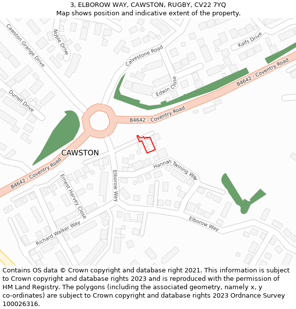 3, ELBOROW WAY, CAWSTON, RUGBY, CV22 7YQ: Location map and indicative extent of plot