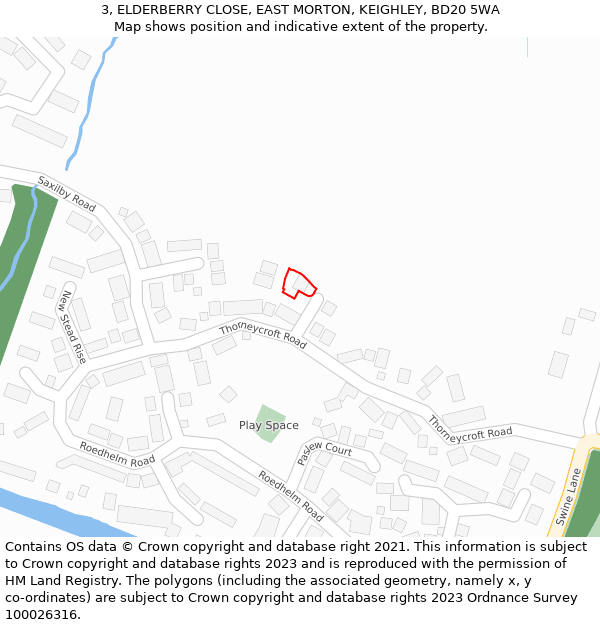 3, ELDERBERRY CLOSE, EAST MORTON, KEIGHLEY, BD20 5WA: Location map and indicative extent of plot