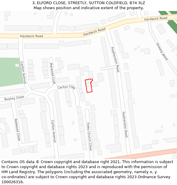 3, ELFORD CLOSE, STREETLY, SUTTON COLDFIELD, B74 3LZ: Location map and indicative extent of plot