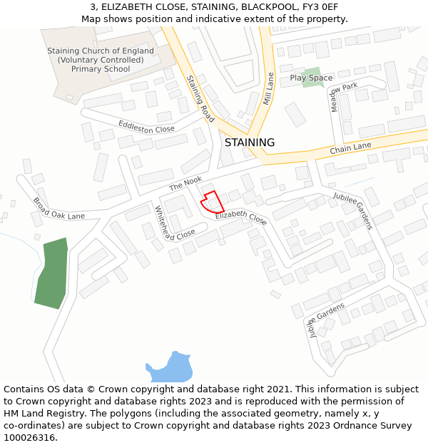 3, ELIZABETH CLOSE, STAINING, BLACKPOOL, FY3 0EF: Location map and indicative extent of plot