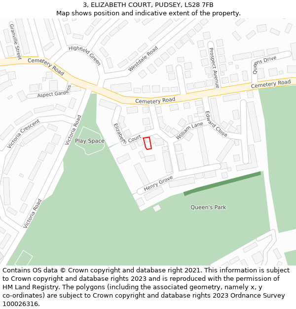3, ELIZABETH COURT, PUDSEY, LS28 7FB: Location map and indicative extent of plot