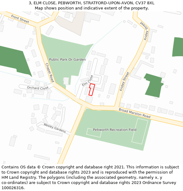 3, ELM CLOSE, PEBWORTH, STRATFORD-UPON-AVON, CV37 8XL: Location map and indicative extent of plot