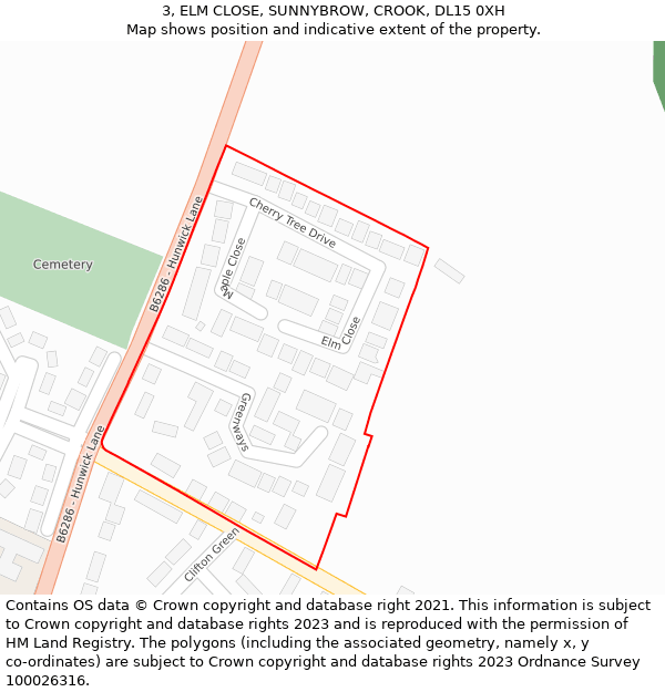 3, ELM CLOSE, SUNNYBROW, CROOK, DL15 0XH: Location map and indicative extent of plot