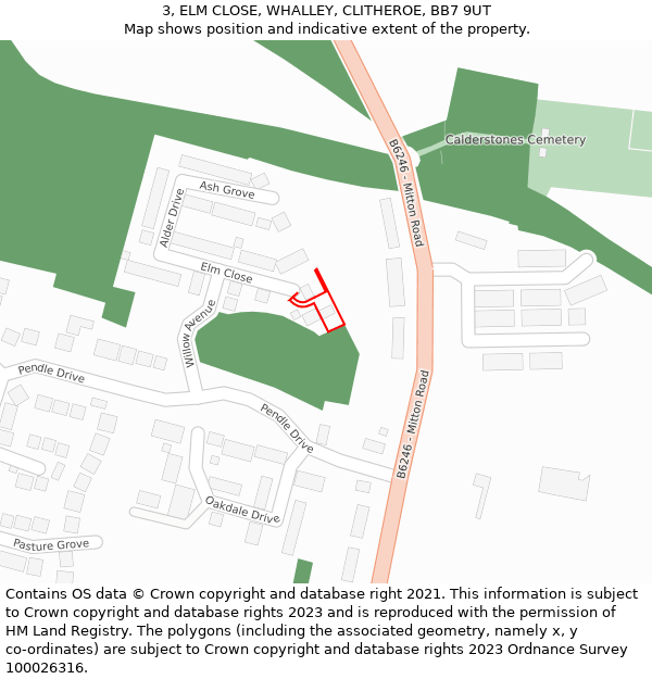3, ELM CLOSE, WHALLEY, CLITHEROE, BB7 9UT: Location map and indicative extent of plot