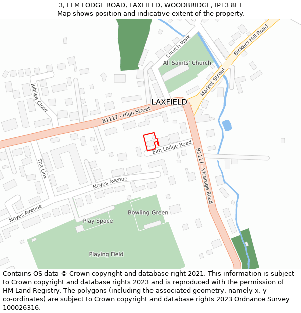 3, ELM LODGE ROAD, LAXFIELD, WOODBRIDGE, IP13 8ET: Location map and indicative extent of plot