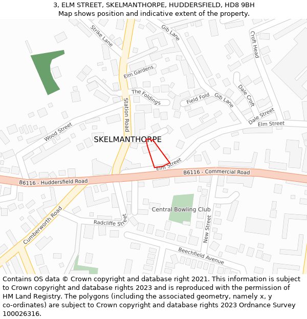 3, ELM STREET, SKELMANTHORPE, HUDDERSFIELD, HD8 9BH: Location map and indicative extent of plot