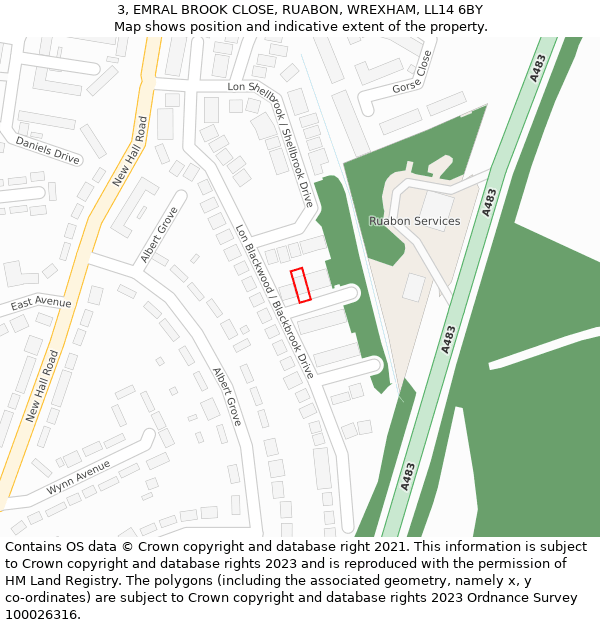 3, EMRAL BROOK CLOSE, RUABON, WREXHAM, LL14 6BY: Location map and indicative extent of plot