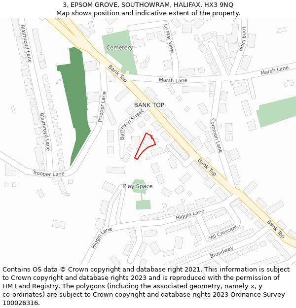 3, EPSOM GROVE, SOUTHOWRAM, HALIFAX, HX3 9NQ: Location map and indicative extent of plot