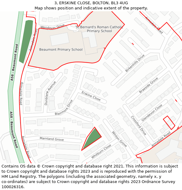 3, ERSKINE CLOSE, BOLTON, BL3 4UG: Location map and indicative extent of plot